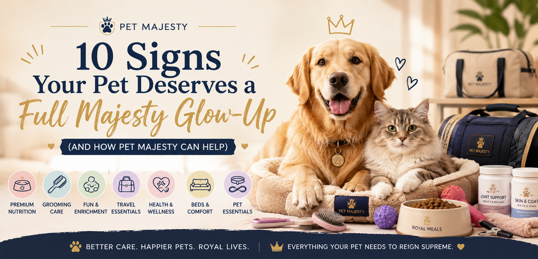 Happy dog and cat relaxing in a cozy pet bed surrounded by grooming, travel, wellness, feeding, and comfort essentials from Pet Majesty.