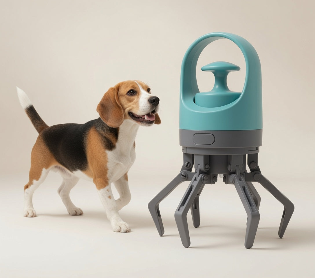 A dog standing in front of a pet pooper scooper