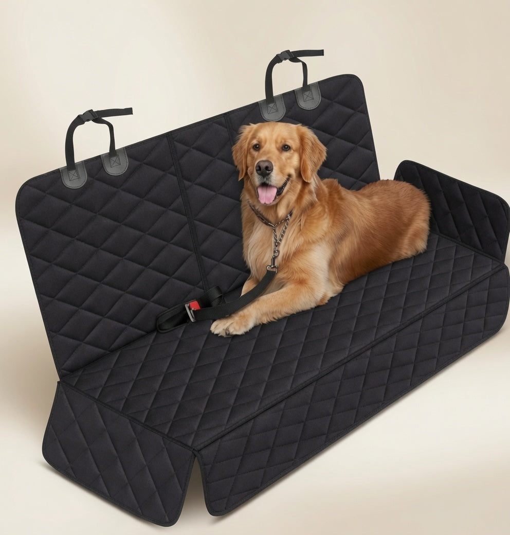 Dog seating on a waterproof seat cover for cars