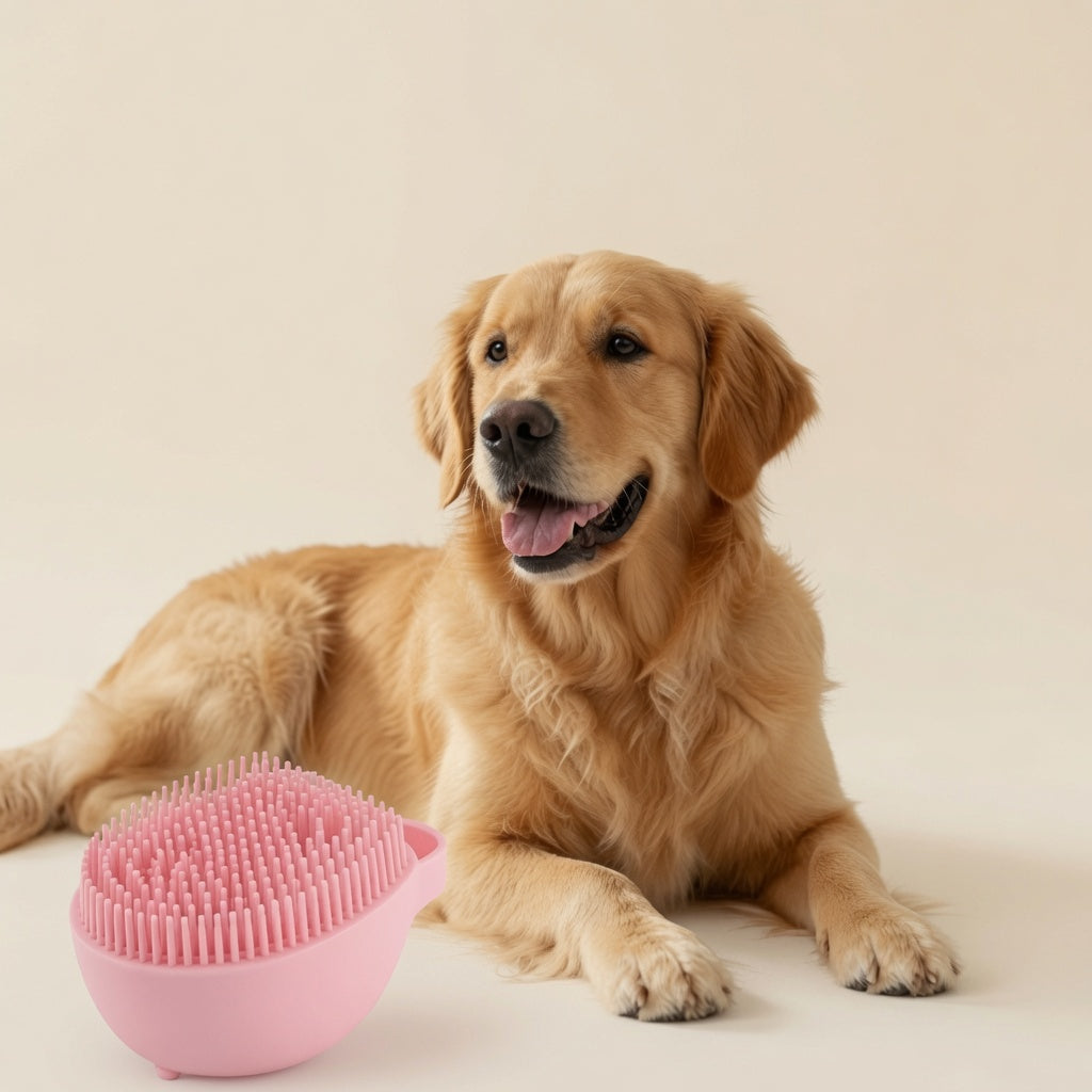Dog sitting besides a soft brush for its cleanness