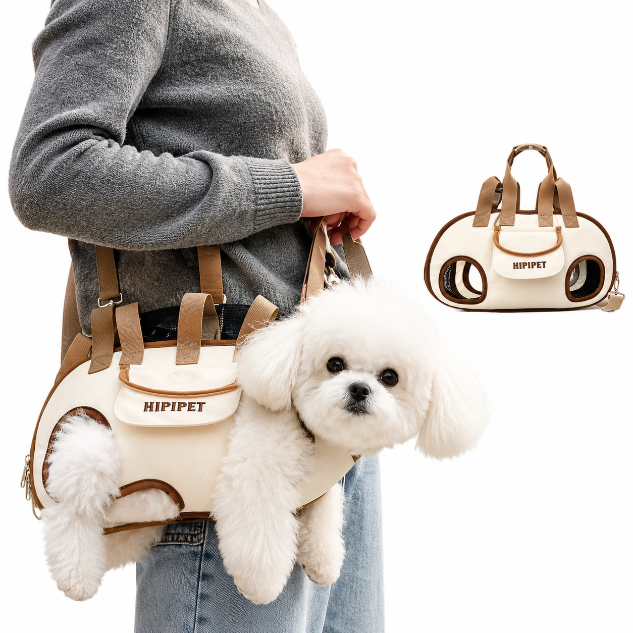 A person wearing a gray sweater and blue jeans carries a small white fluffy dog in a cream and tan pet backpack-style carrier. A smaller inset view at the upper right shows the bag alone on a white background.