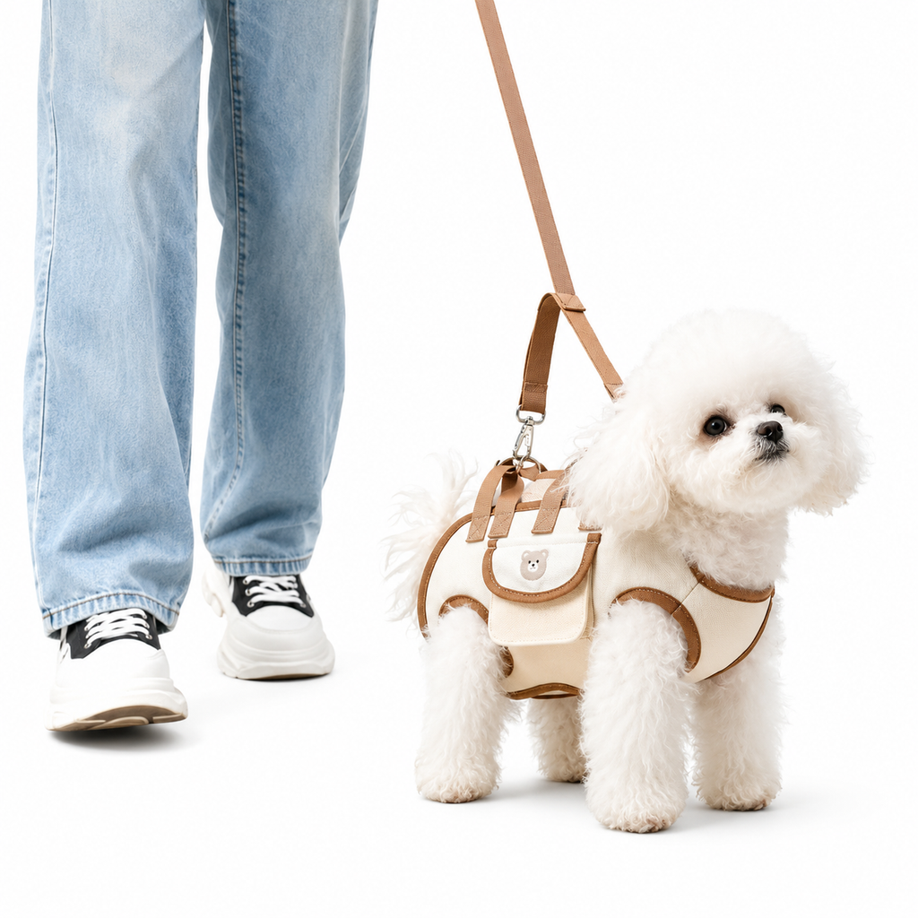 A small white fluffy dog wearing a beige and brown harness with a matching leash, shown next to a person's legs in light blue jeans and white sneakers on a white background.