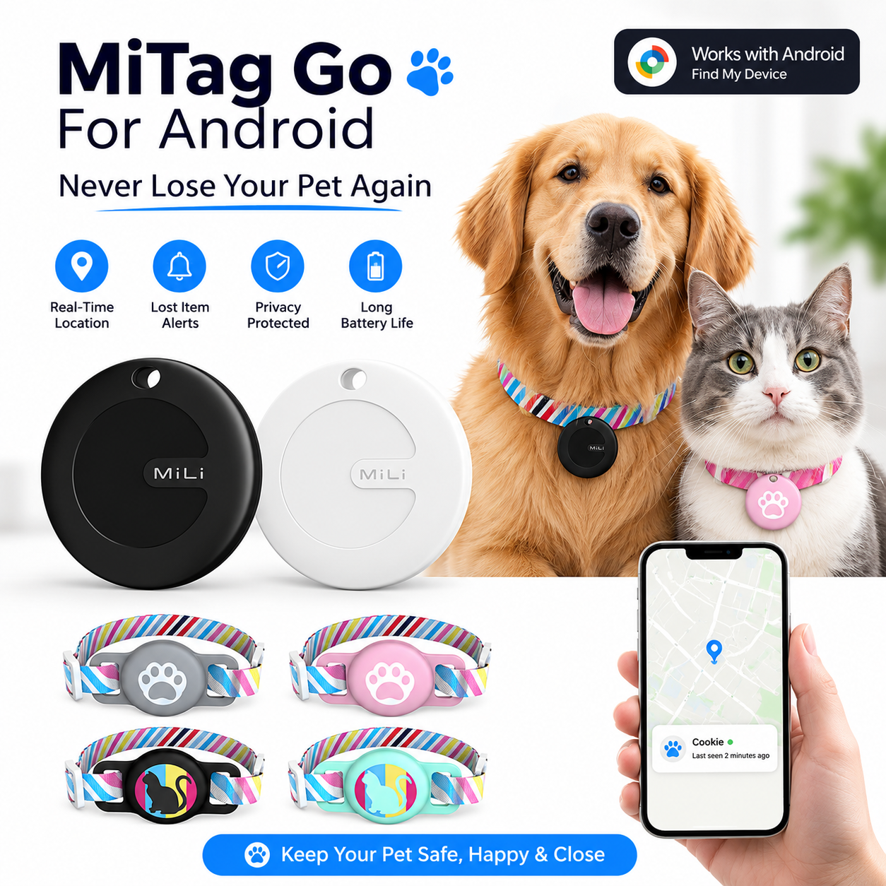 Smart GPS Pet Tracker for Dogs & Cats | Waterproof | Google Find My Device (Android)