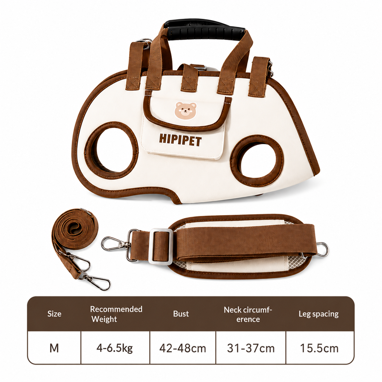 A pet harness shown on a white background with an included leash and a size measurement table at the bottom. The harness is cream-colored with brown trim and straps, featuring a front pouch with a bear face logo and the text 'HIPIPET'.