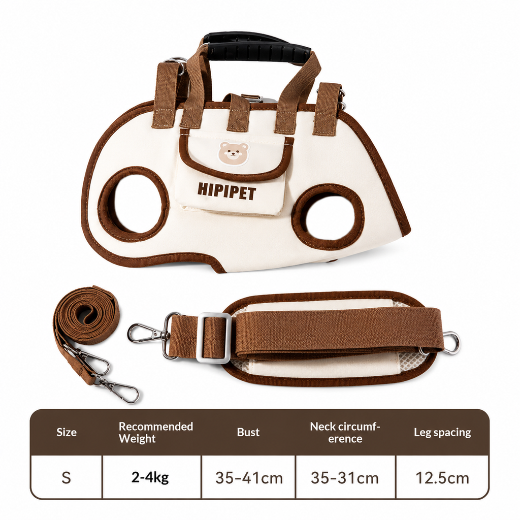 A pet harness and matching leash shown on a white background, with a size and measurement chart below. The harness is cream-colored with brown trim and straps, and the front pocket has a small bear face logo and the text HIPIPET.