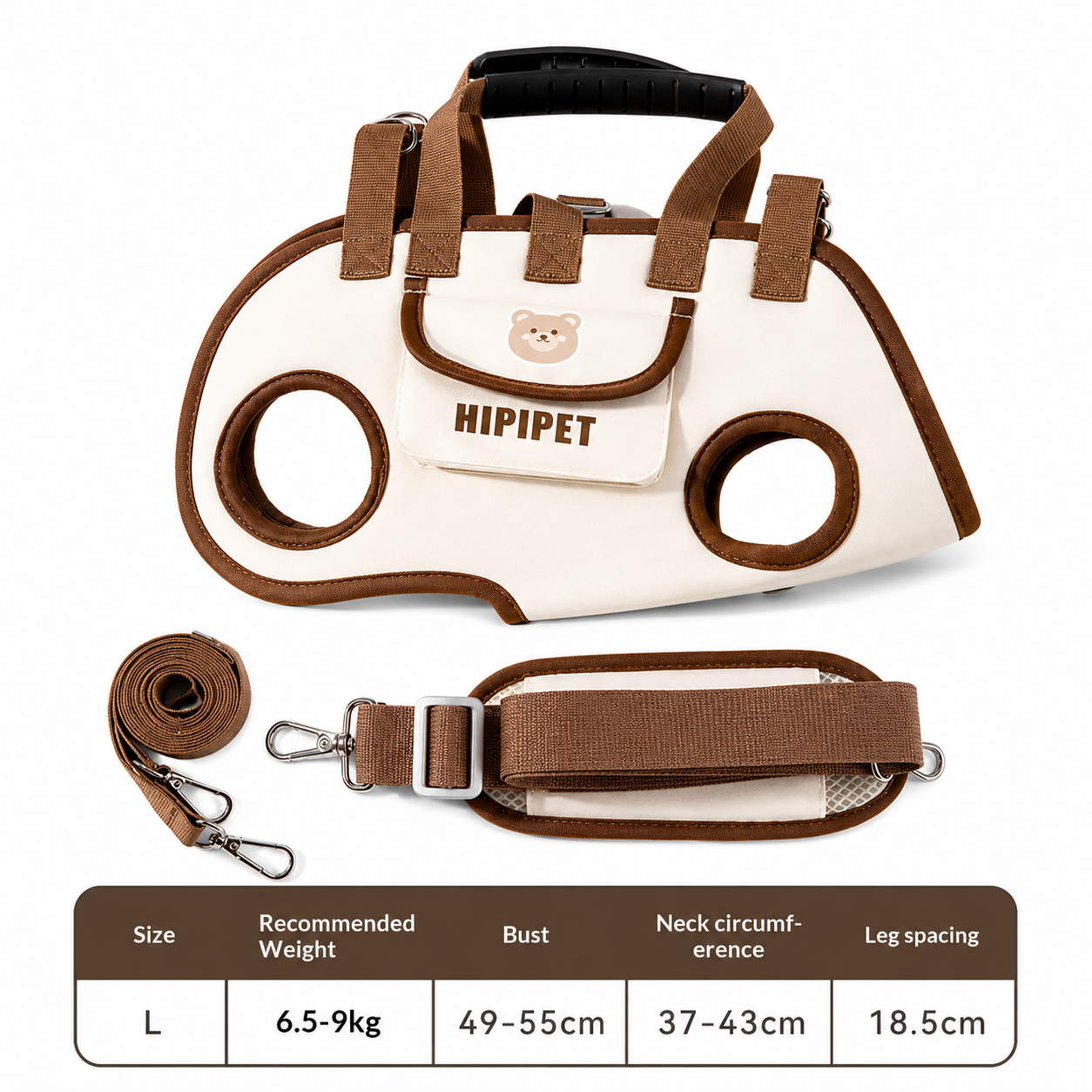 A pet harness bag set shown on a white background, including the main bag, detachable strap, and a size chart table at the bottom. The bag is cream-colored with brown trim and handles, featuring the brand name 'HIPIPET' on the front flap.
