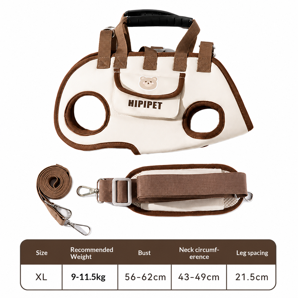 A pet harness and leash set shown on a white background, with a size and weight chart at the bottom. The harness is cream with brown trim and straps, and the leash is brown with silver metal hardware.